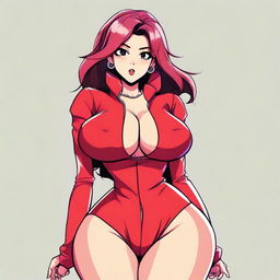 A full-body cartoon-style image of a very sexy girl with big breasts, wearing red clothes