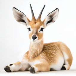 A detailed photograph of a full-body African gazelle calf lying down against a white background