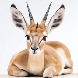 A detailed photograph of a full-body African gazelle calf lying down against a white background