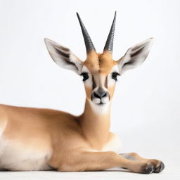 A detailed photograph of a full-body African gazelle calf lying down against a white background