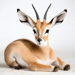 A detailed photograph of a full-body African gazelle calf lying down against a white background