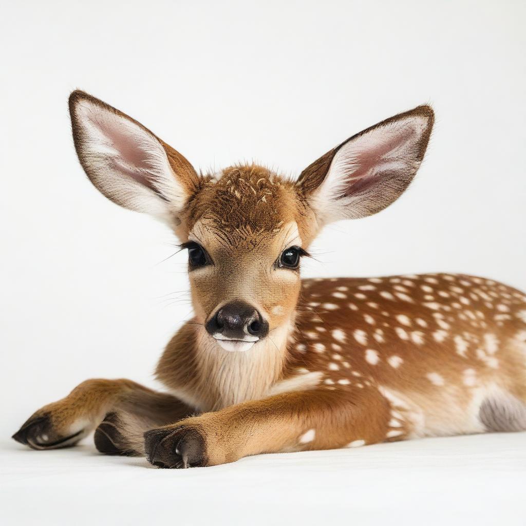 A detailed photograph of a full-body deer fawn lying down against a white background