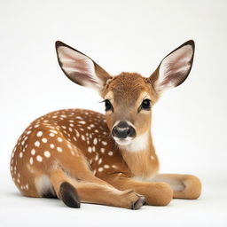 A detailed photograph of a full-body deer fawn lying down against a white background