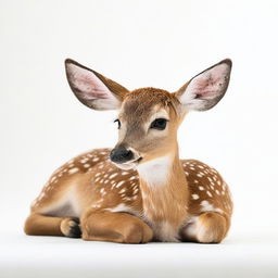 A detailed photograph of a full-body deer fawn lying down against a white background