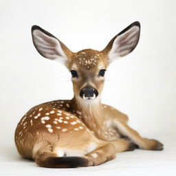 A detailed photograph of a full-body deer fawn lying down against a white background