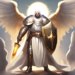 A male white Aasimar cleric with yellow glowing eyes and flame wings