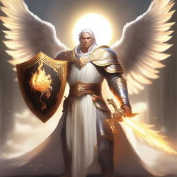 A male white Aasimar cleric with yellow glowing eyes and flame wings