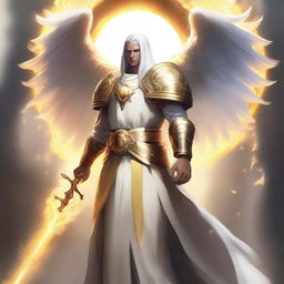 A male white Aasimar cleric with yellow glowing eyes and flame wings