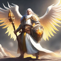 A male white Aasimar cleric with yellow glowing eyes and flame wings