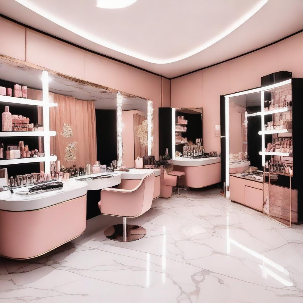 A vibrant and stylish makeup studio with various cosmetics, brushes, and mirrors