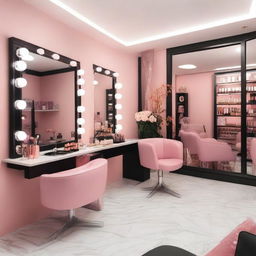 A vibrant and stylish makeup studio with various cosmetics, brushes, and mirrors