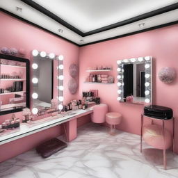 A vibrant and stylish makeup studio with various cosmetics, brushes, and mirrors