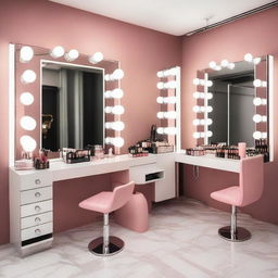 A vibrant and stylish makeup studio with various cosmetics, brushes, and mirrors