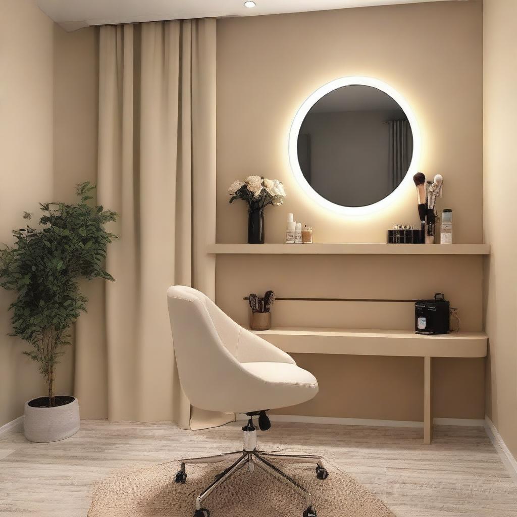 Un estudio de maquillaje elegante y moderno con un tocador y paredes de color crema