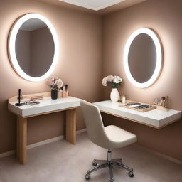 Un estudio de maquillaje elegante y moderno con un tocador y paredes de color crema