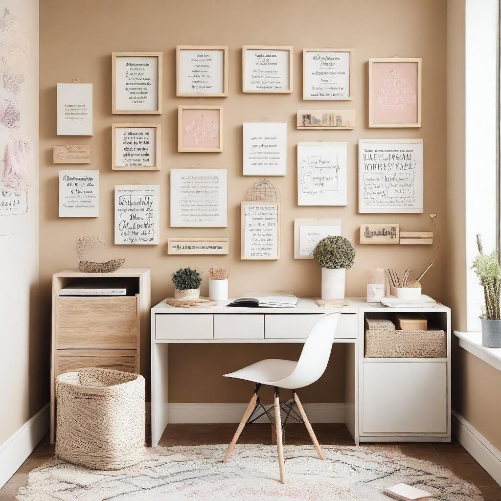 Un estudio de maquillaje en una habitación de cuatro paredes con un tocador cuadrado, paredes de color crema, piso de madera y letras en la pared que dicen 'Kiara Carranza'