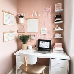 Un estudio de maquillaje en una habitación de cuatro paredes con un tocador cuadrado, paredes de color crema, piso de madera y letras en la pared que dicen 'Kiara Carranza'