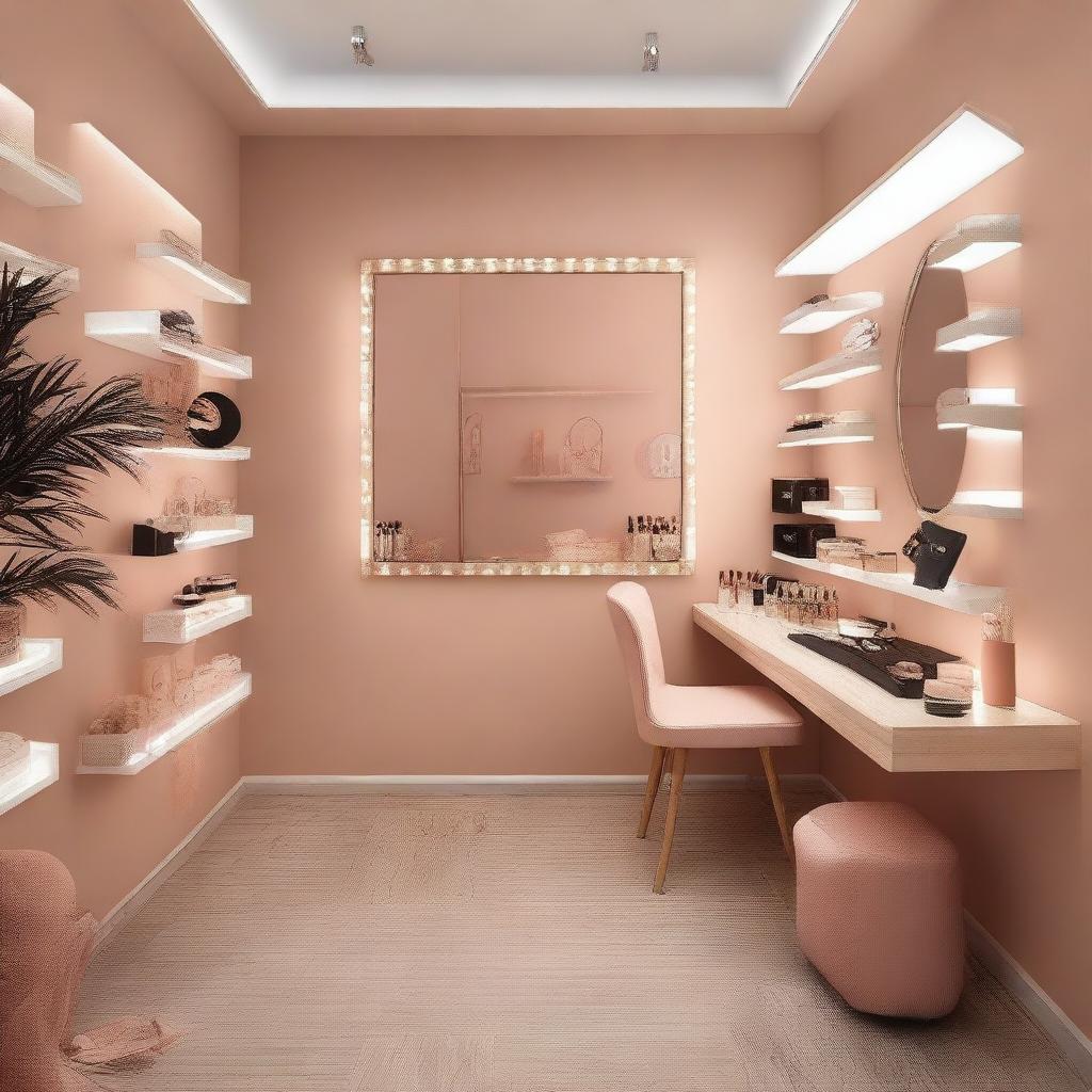 Un estudio de maquillaje elegante con un tocador, paredes de color crema y piso de madera