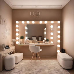 Un estudio de maquillaje elegante con un tocador, paredes de color crema y piso de madera