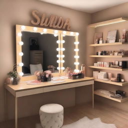 Un estudio de maquillaje elegante con un tocador, paredes de color crema y piso de madera