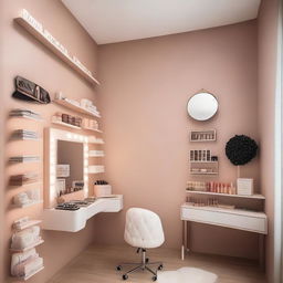 Un estudio de maquillaje elegante con un tocador, paredes de color crema y piso de madera