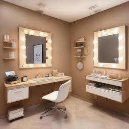 Un estudio de maquillaje elegante con un tocador, paredes de color crema y un piso de madera