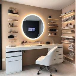 Un estudio de maquillaje elegante con un tocador, paredes de color crema y un piso de madera