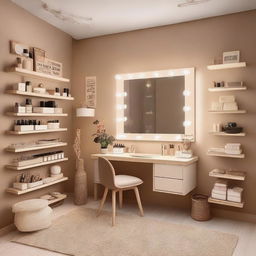 Un estudio de maquillaje elegante con un tocador, paredes de color crema y un piso de madera