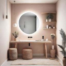 Un estudio de maquillaje minimalista con paredes de color crema