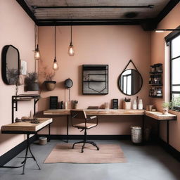 Un estudio de maquillaje con un estilo industrial y paredes de color crema