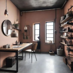 Un estudio de maquillaje con un estilo industrial y paredes de color crema