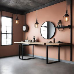 Un estudio de maquillaje con un estilo industrial y paredes de color crema