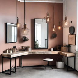 Un estudio de maquillaje con un estilo industrial y paredes de color crema