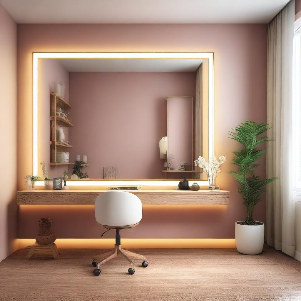 Un estudio de maquillaje de estilo contemporáneo con paredes de color crema y piso de madera