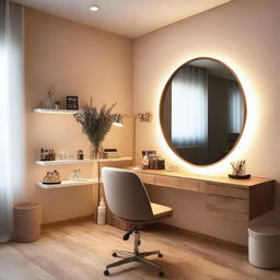 Un estudio de maquillaje de estilo contemporáneo con paredes de color crema y piso de madera