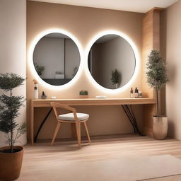 Un estudio de maquillaje de estilo contemporáneo con paredes de color crema y piso de madera