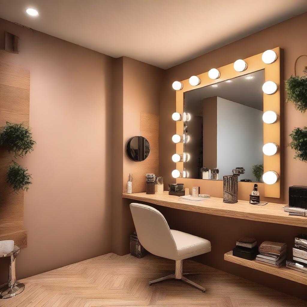 Un estudio de maquillaje con un estilo contemporáneo, equipado con un tocador de Hollywood