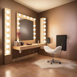 Un estudio de maquillaje con un estilo contemporáneo, equipado con un tocador de Hollywood