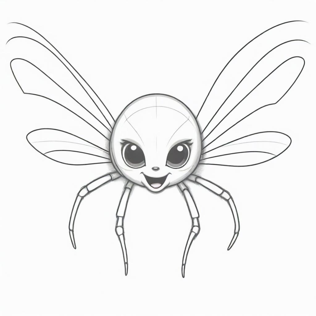 A playful looking, line-drawn flying spider for coloring, with oversized webbed wings and cute features and expressions. The sketch should be simple and clear, yet detailed, perfect for kids to fill with color.