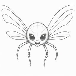 A playful looking, line-drawn flying spider for coloring, with oversized webbed wings and cute features and expressions. The sketch should be simple and clear, yet detailed, perfect for kids to fill with color.