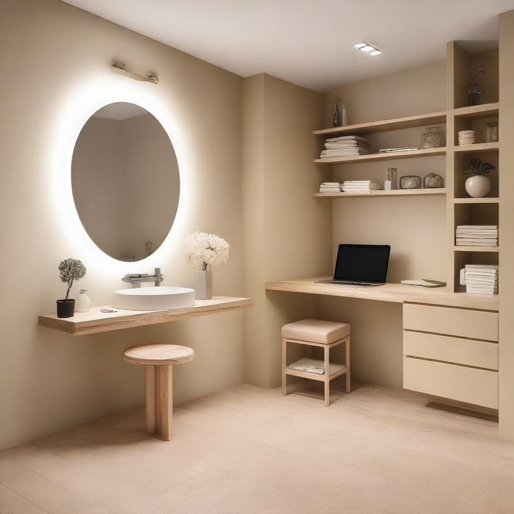 Un estudio de maquillaje de estilo contemporáneo con un solo tocador ubicado en el lado lateral izquierdo