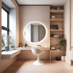 Un estudio de maquillaje de estilo contemporáneo con un solo tocador ubicado en el lado lateral izquierdo