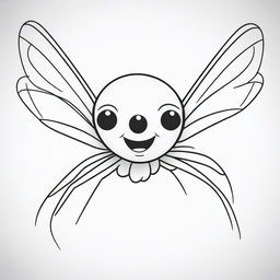 A playful looking, line-drawn flying spider for coloring, with oversized webbed wings and cute features and expressions. The sketch should be simple and clear, yet detailed, perfect for kids to fill with color.