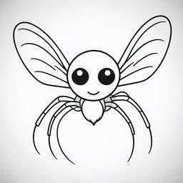 A playful looking, line-drawn flying spider for coloring, with oversized webbed wings and cute features and expressions. The sketch should be simple and clear, yet detailed, perfect for kids to fill with color.