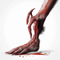 A detailed illustration of a velociraptor's foot, showcasing its sickle claw covered in blood