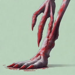 A detailed illustration of a velociraptor's foot, showcasing its sickle claw covered in blood