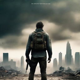 A dramatic movie poster featuring a lone survivor in a post-apocalyptic world