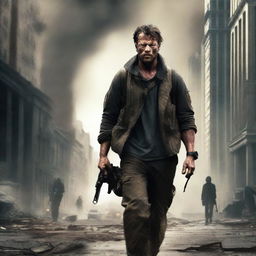 A dramatic movie poster featuring a lone survivor in a post-apocalyptic world