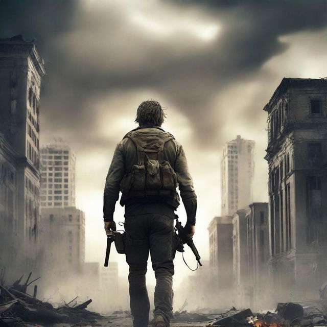 A dramatic movie poster featuring a lone survivor in a post-apocalyptic world