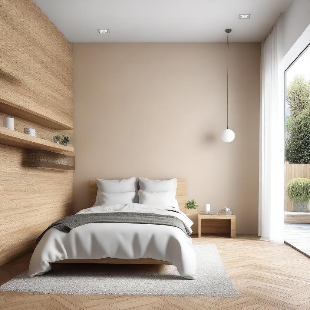 Una habitación con una pared lateral derecha de color crema y un piso de madera